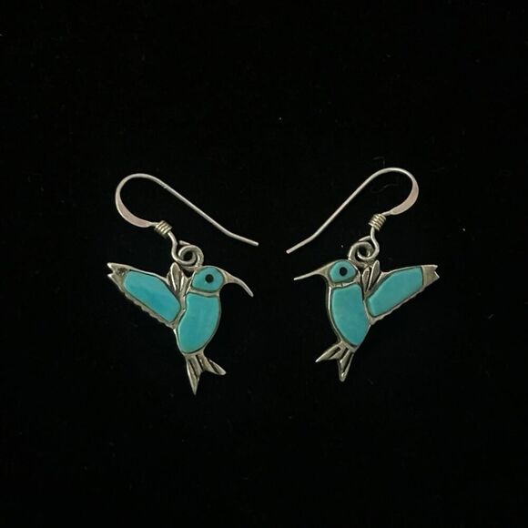 Vintage Hummingbird Turquoise and Marked 925 Sterling Silver ML Dangle Earrings - Picture 1 of 6